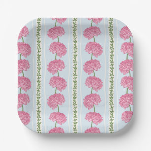 Pink, Blue and Green Floral Stripes Paper Plate