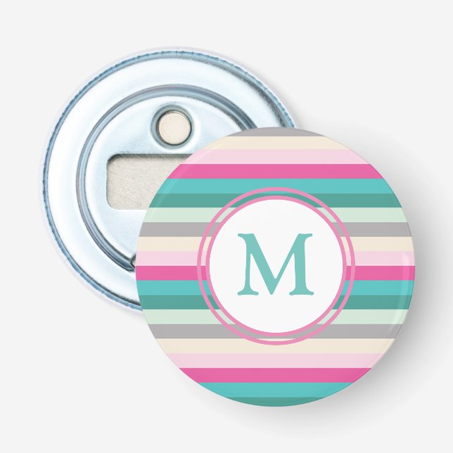 Pink Blue and Green Monogram Stripes Bottle Opener (Front)