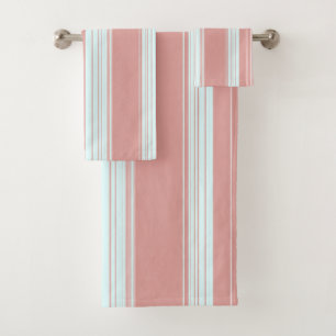 Pink, blue and olive vertical stripes. bath towel set