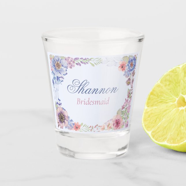 Pink Blue and Purple Floral Bridesmaid Shot glass (Front)