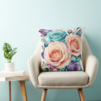Pink, blue and purple roses cushion