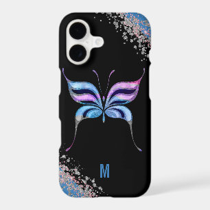 Pink Blue and Silver Glittery Butterfly Monogram
