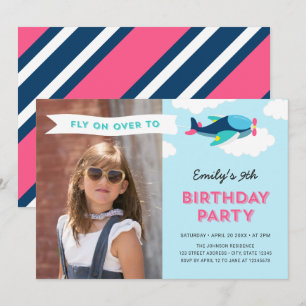 Pink, Blue and Teal Aeroplane Photo Birthday Party Invitation