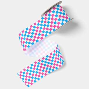 Pink Blue And White Chequered Pattern Satin Ribbon