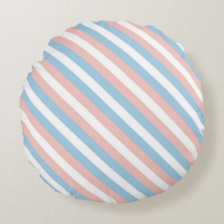Pink, Blue and White Diagonal Stripe Round Cushion