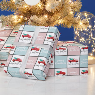 Pink, Blue and white Merry Christmas truck  Wrapping Paper