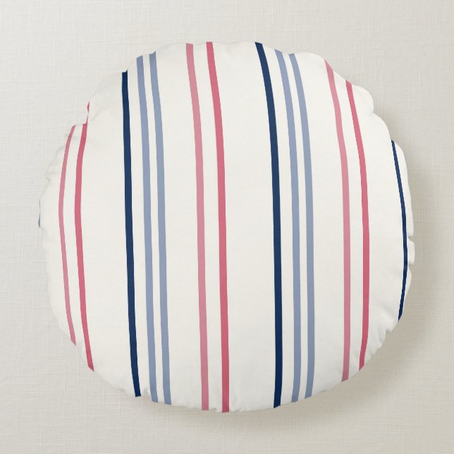 Pink blue and white stripes round cushion (Front)