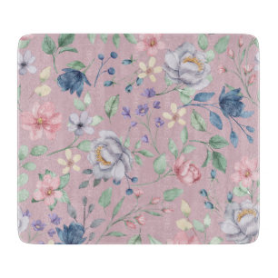 Pink Blue and Yellow Floral Purple Glass Cutting Board