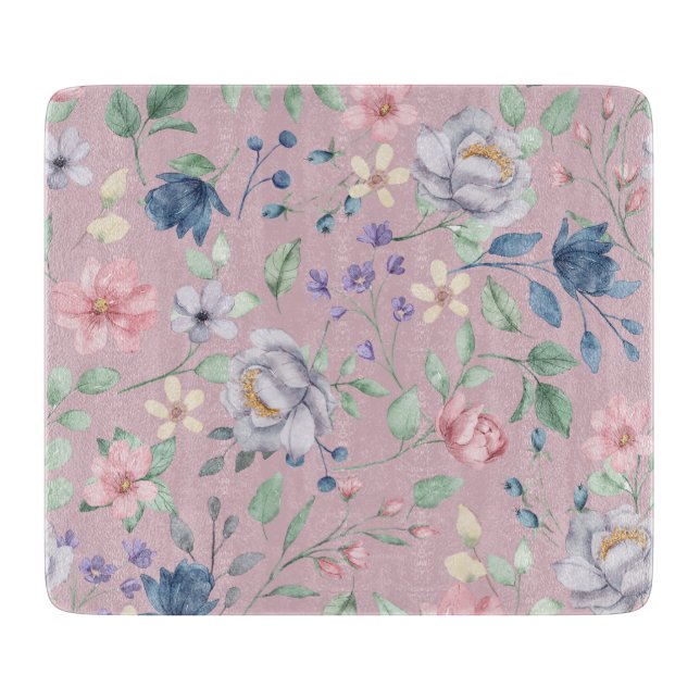 Pink Blue and Yellow Floral Purple Glass Cutting Board (Front)