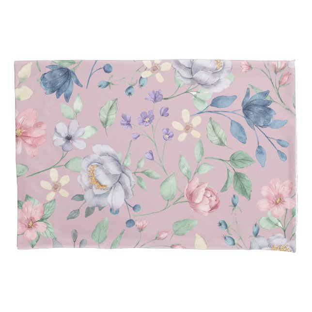 Pink Blue and Yellow Floral Purple Pillow Case (Front)
