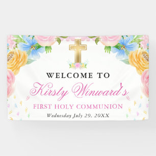 Pink, Blue and Yellow Flowers First Holy Communion Banner