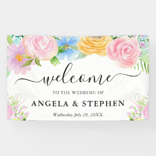 Pink Blue and Yellow Flowers Wedding Welcome Banner
