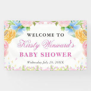 Pink, Blue and Yellow Summer Flowers Baby Shower Banner