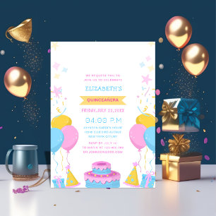 pink blue and yellow vibrant colourful quinceañera invitation