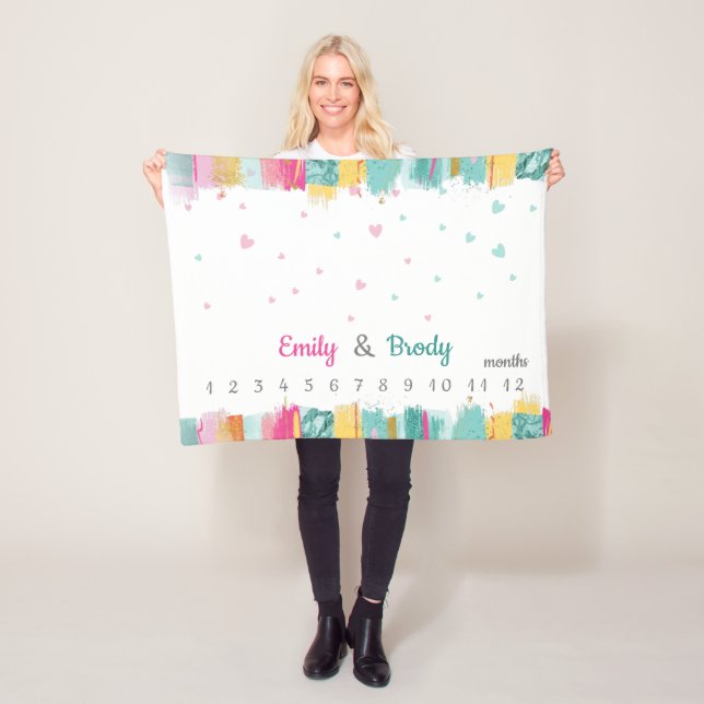 Pink Blue Baby Boy Girl Twins Milestone Fleece Blanket (In Situ)