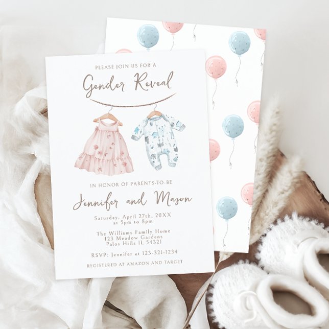 Pink Blue Baby Clothes Boho Gender Reveal Invitation (Creator Uploaded)