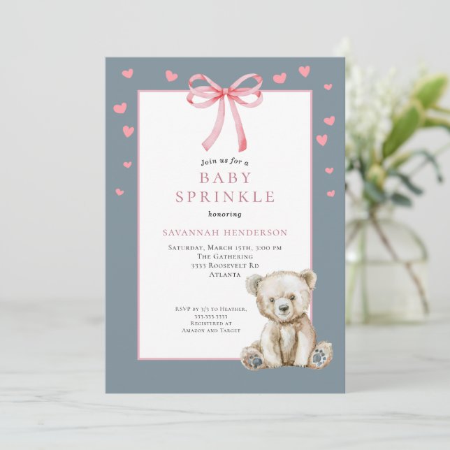 Pink Blue Baby Sprinkle with Bow Cute Teddy Bear Invitation (Standing Front)