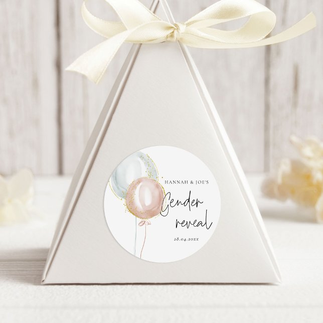 Pink & Blue Balloon Gender Reveal Favour Party Classic Round Sticker (Creator Uploaded)