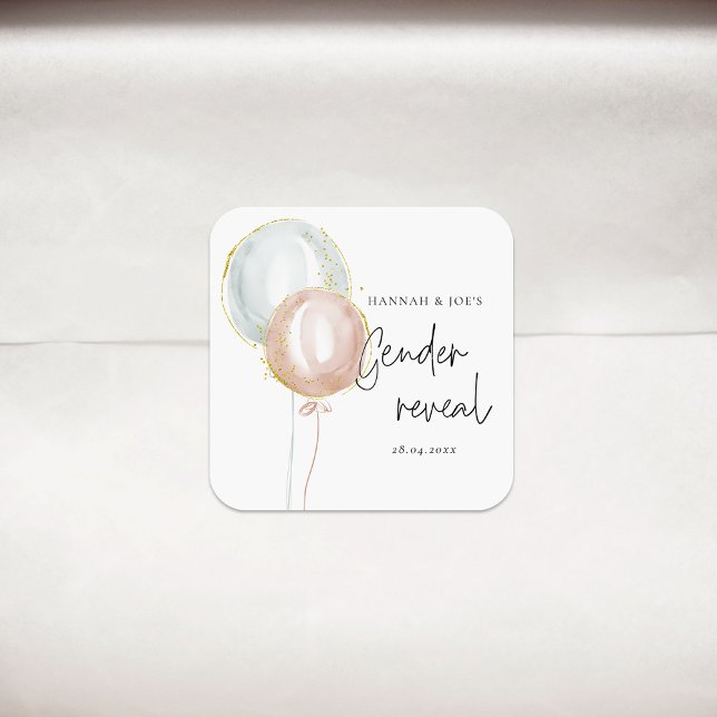 Pink & Blue Balloon Gender Reveal Favour Party Square Sticker (Creator Uploaded)
