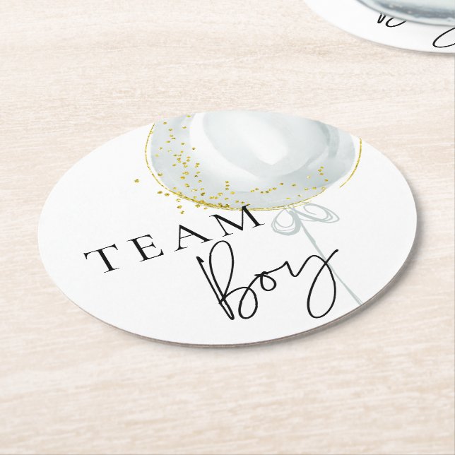 Pink & Blue Balloon Gender Reveal Team Boy Round Paper Coaster (Angled)