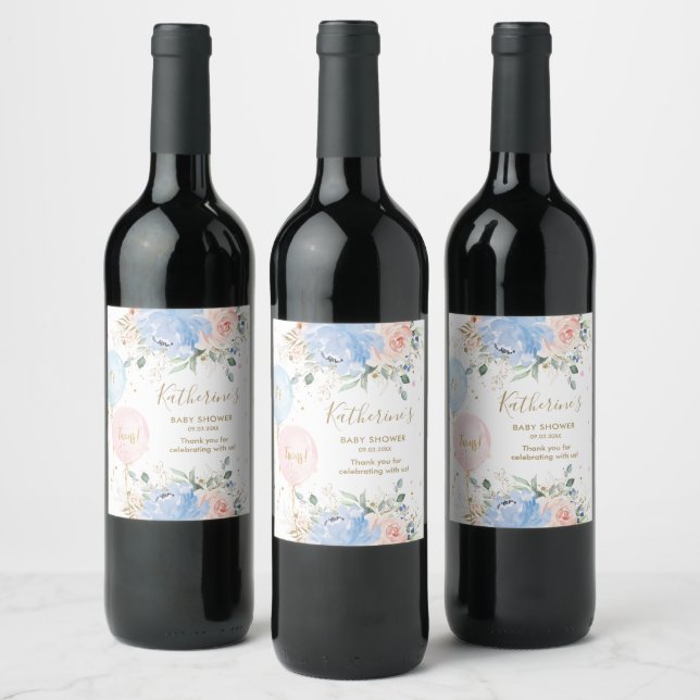 Pink Blue Balloons Floral It's Twins Baby Shower Wine Label (Bottles)
