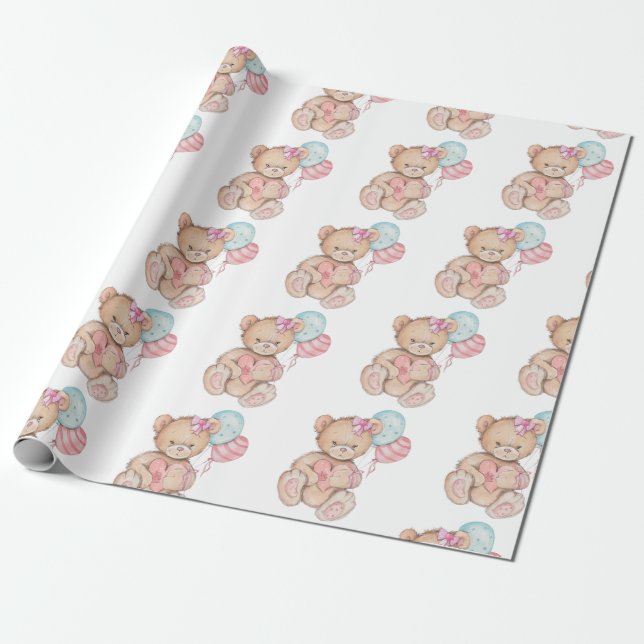 Pink & Blue Balloons & Teddy Bear Baby Girl Wrapping Paper (Unrolled)