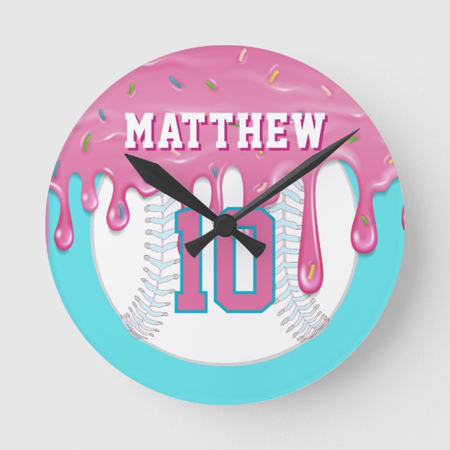 Pink & Blue Baseball Drip Round Clock (Front)