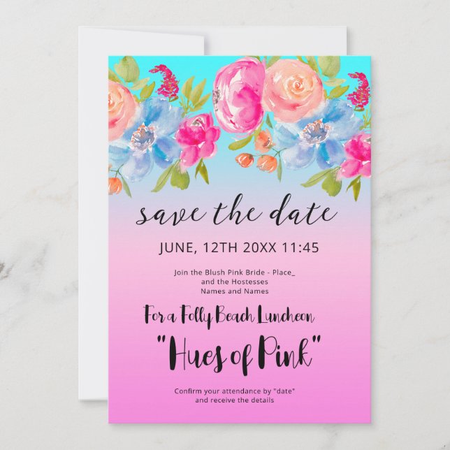 pink Blue Beach Gradient Bridal Save the Date Invitation (Front)