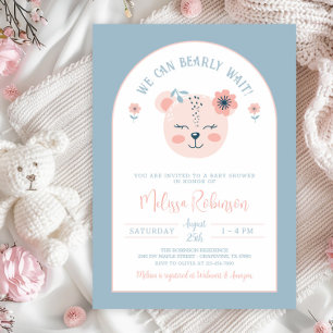 Pink Blue Bear Face Girl Bearly Wait Baby Shower Invitation