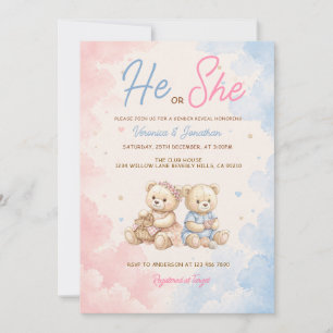 Pink & Blue Bear He or She Gender Reveal Invitation