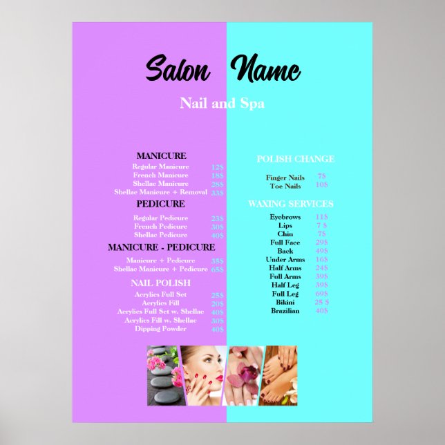 Pink Blue Beauty Nail Salon Price List menu Poster (Front)