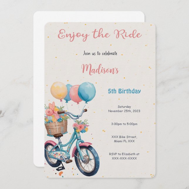 Pink & Blue Bike Birthday Invitation (Front/Back)