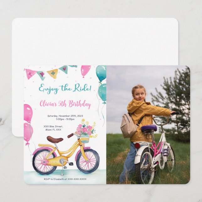 Pink & Blue Bike Birthday Party Photo Invitation (Front/Back)