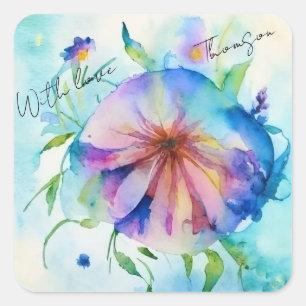 pink, blue bindweed flower, watercolor, square sticker