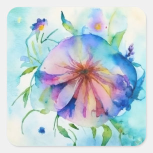 pink, blue bindweed flower, watercolor,  square sticker