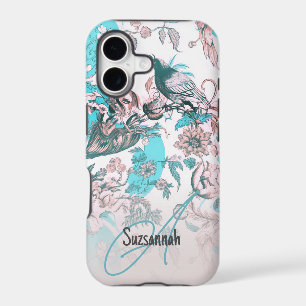 Pink Blue Bird and Floral Pattern Custom Monogram