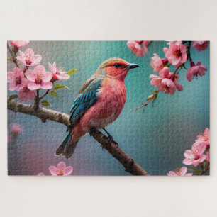 Pink Blue Bird with Cherry Blossoms Jigsaw Puzzle
