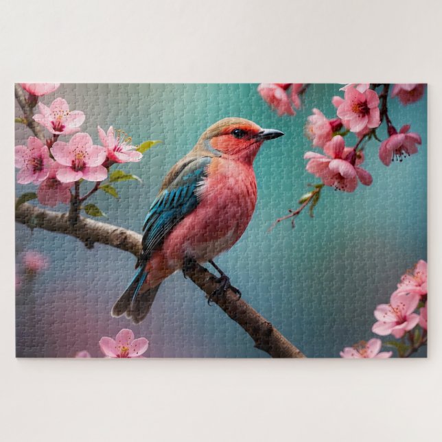 Pink Blue Bird with Cherry Blossoms Jigsaw Puzzle (Horizontal)