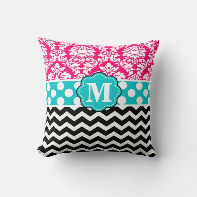 Pink Blue Black Damask Chevron Monogram Pillow (Front)