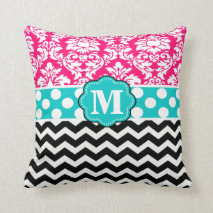 Pink Blue Black Damask Chevron Monogram Pillow