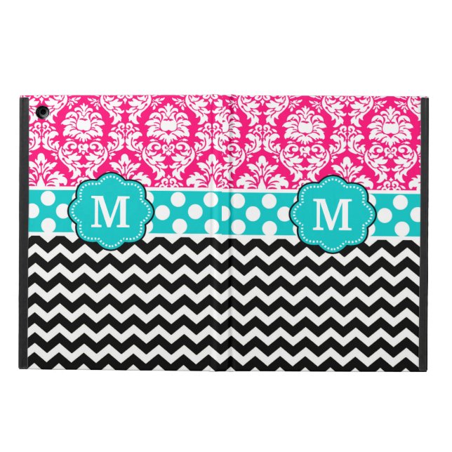 Pink Blue Black Damask Dots Chevron Monogram Case For iPad Air (Outside)