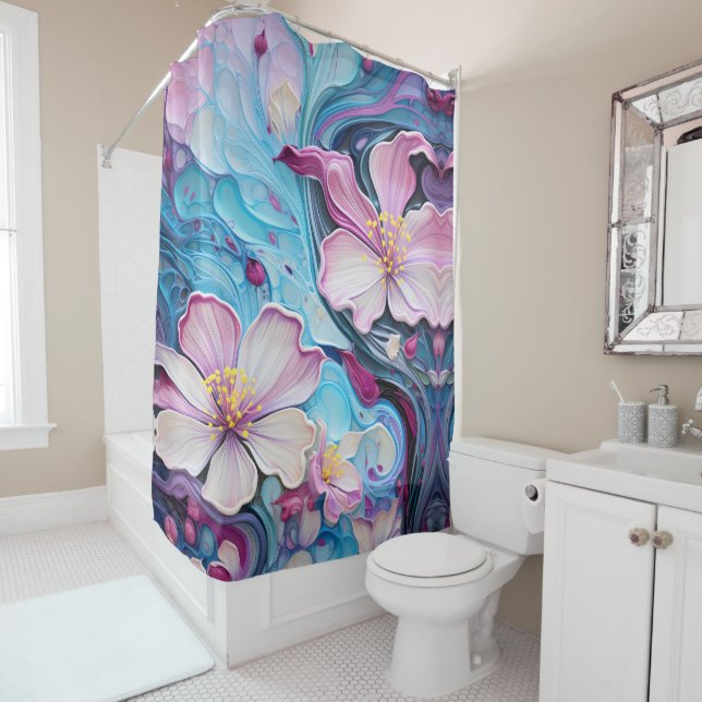 Pink blue Blossom Surreal Shower Curtain (In Situ)