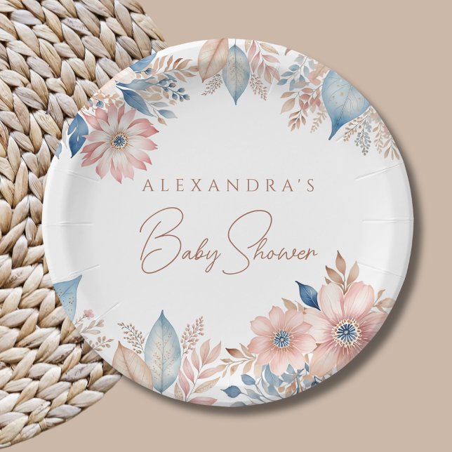 Pink Blue Boho Floral Baby Shower Paper Plate (Creator Uploaded)