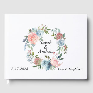 Pink Blue Boho Greenery Wreath Wedding Guest Book