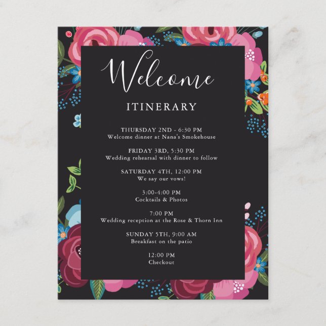 Pink & Blue Bouquets Black Wedding Itinerary Enclosure Card (Front)