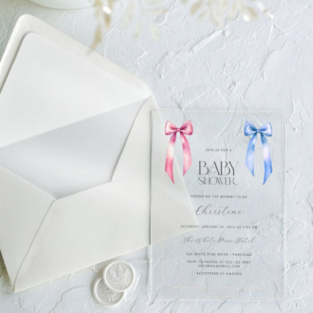 Pink Blue Bow Gender Neutral Baby Shower Acrylic Invitations (Creator Uploaded)