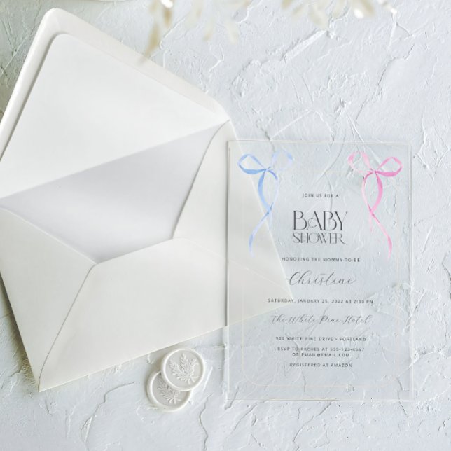 Pink Blue Bow Gender Neutral Baby Shower Acrylic Invitations (Creator Uploaded)