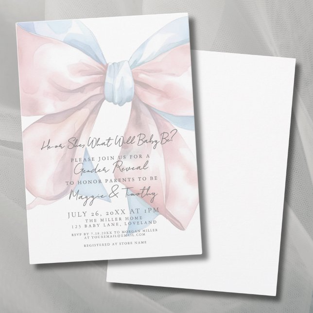 Pink Blue Bow Gender Reveal Party Invitation (Pink Blue Bow Gender Reveal Party Invitation)