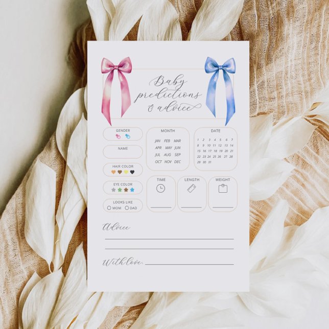 Pink Blue Bow Predictions Advice Baby Shower Card (Creator Uploaded)