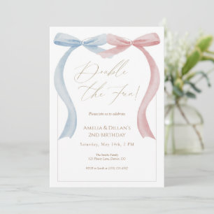 Pink blue bow Twin Birthday Invitation